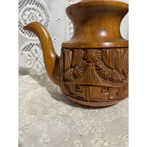 Vintage Genuine Monkey Pod Wood Tea Pot Hand Carved - Picture 3 of 5